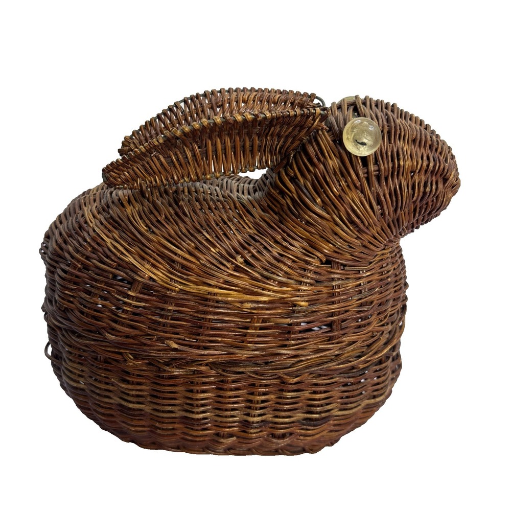 Bunny Rabbit Figural Basket Vtg Brown Wicker Woven Rattan Storage Decorative 7"